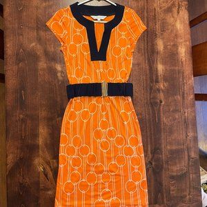 Trina Turk Orange and Navy Midi Dress Size 2